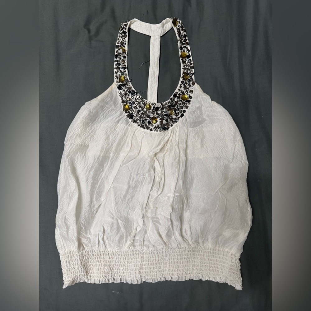 bebe White Blouse with Floral Embellished Neckline